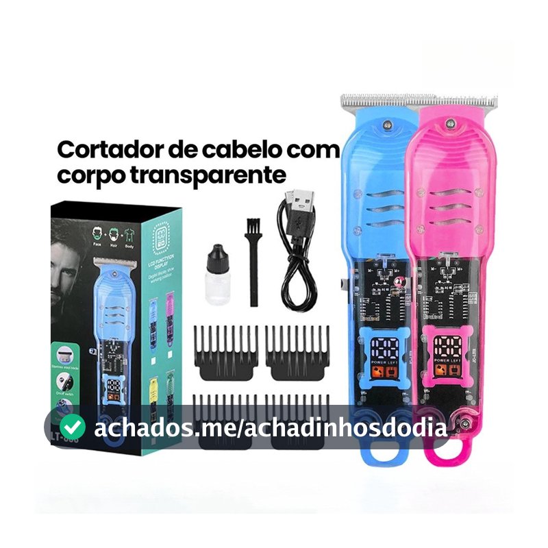 Máquina De Cortar Cabelo  Profissional Elétrico Sem Fio Transparente LED Para Homens