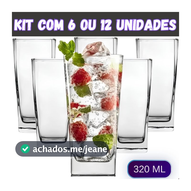 Jogo de Copos de Vidro Quadrado 320ml Grosso Kit 6 ou 12 Unidades Copo Texas Bali Miami Suco Água Pratitudo Essencial