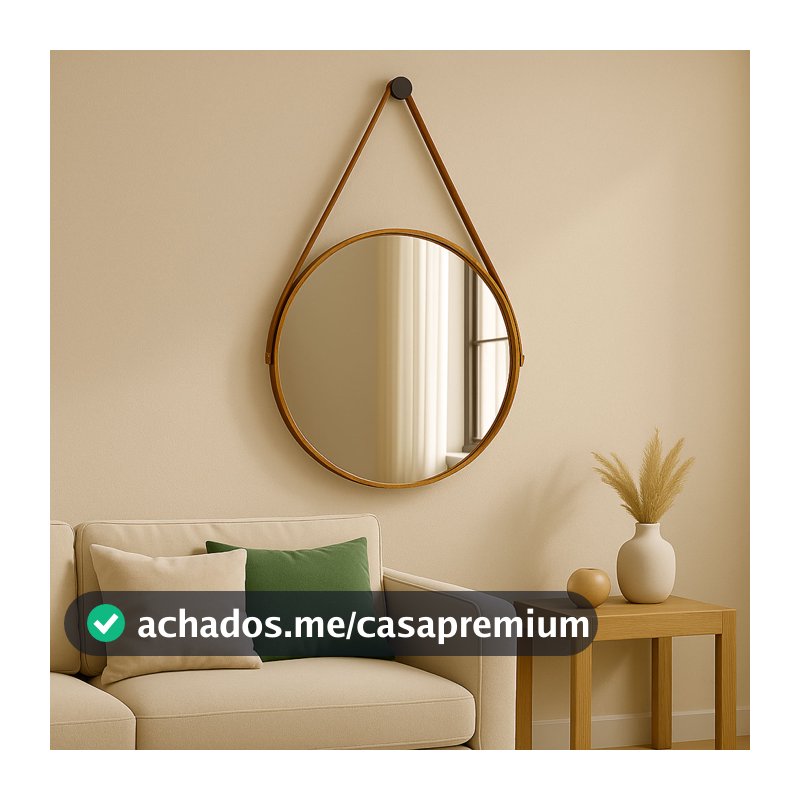 Espelho Decorativo Adnet 40cm Couro Alça Suporte Banheiro Sala Quarto Escritório