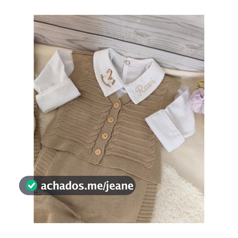 Saída de Maternidade Personalizada Menino Bege em tricot com nome Bordado kit 5 peças