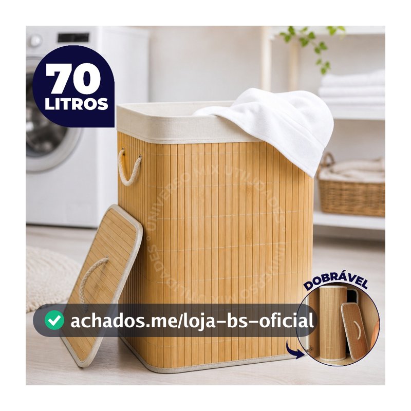 Cesto de Roupa de Bambu Dobrável Com Tampa e Alça 70 Litros Organizador Multiuso Com Forro