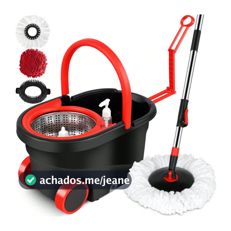 Mop Giratório Cabo Grande 160cm Esfregão Balde 16 Litros Inox 3 Refis e Dispenser Rodinhas e Alça Retrátil