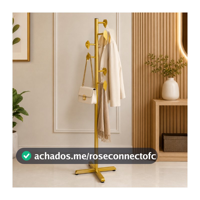 Cabideiro de Chão Leaf Luxo em Aço Carbono 6 Gancho | Mancebo Moderno para Roupas, Bolsas e Acessórios
