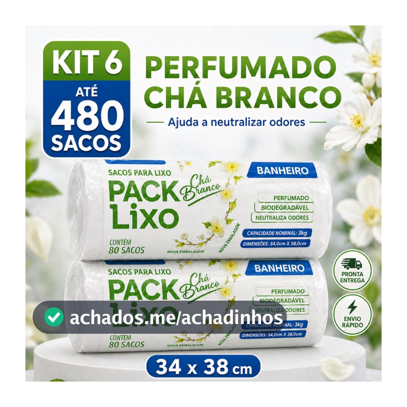 Sacos de Lixo Perfumado Chá Branco Kit Para Pia e Banheiro 34x38cm Neutraliza Odores 10L Cheiroso