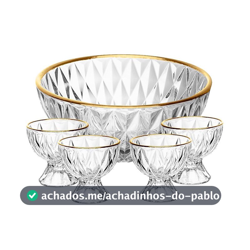 Conjunto 1 Bowl 1L e 4 Taças 120ml Diamond Lyor Cristal com Fio de Ouro para Sobremesas Doces Frutas Mousse Pavê 5 Peças