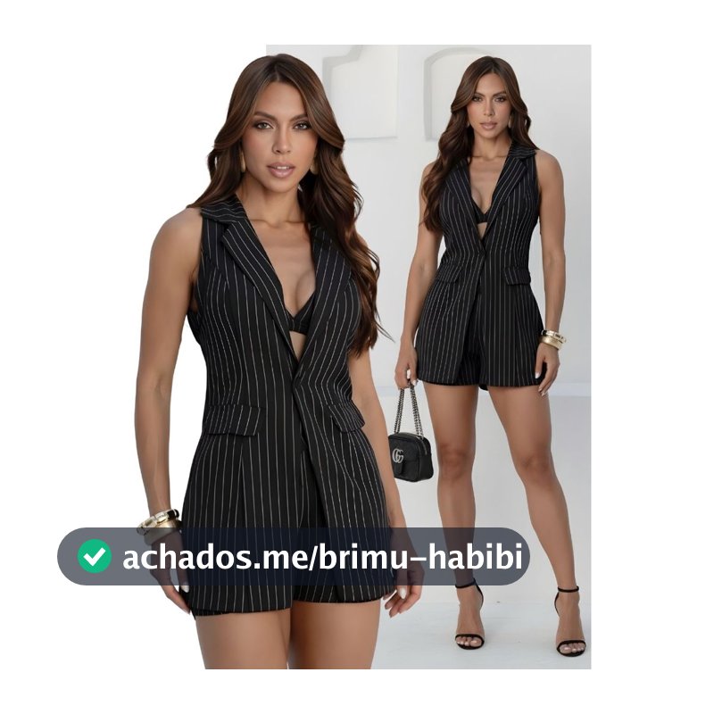 Conjunto Feminino Blazer Colete Top e Shorts Alfaiataria 3 Peças