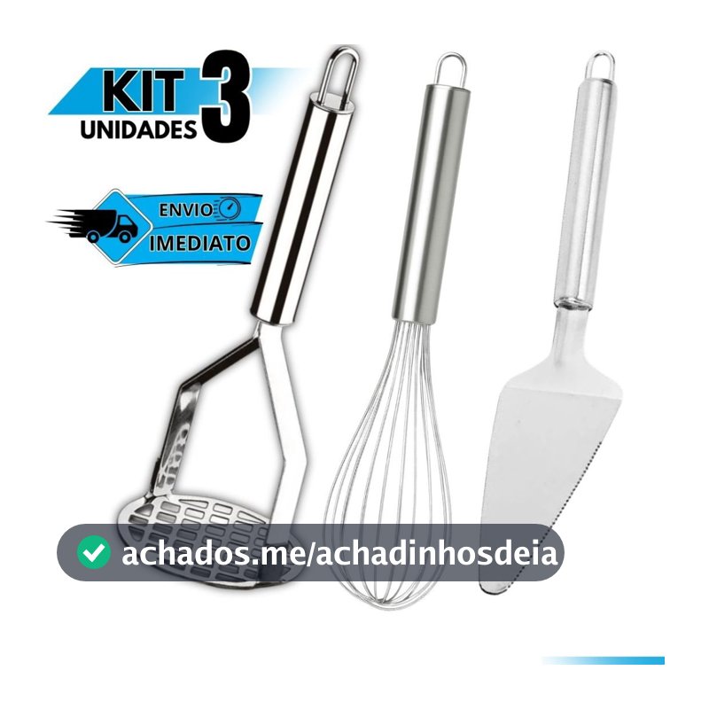 Kit Cozinha 3 Peças: Amassador de Batatas Inox + Fouet + Espátula de Bolo Utensílios Domésticos