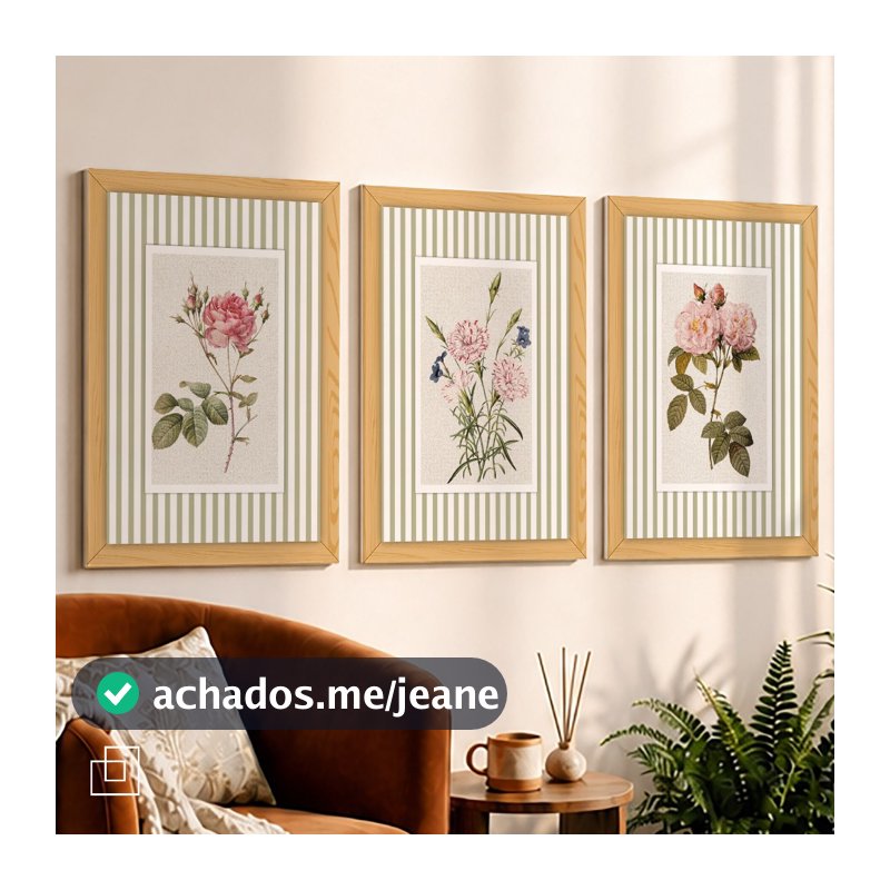 Kit 3 Quadros Decorativos Listrados Decoração Quarto Sala Flores Retrô Vintage Romatico