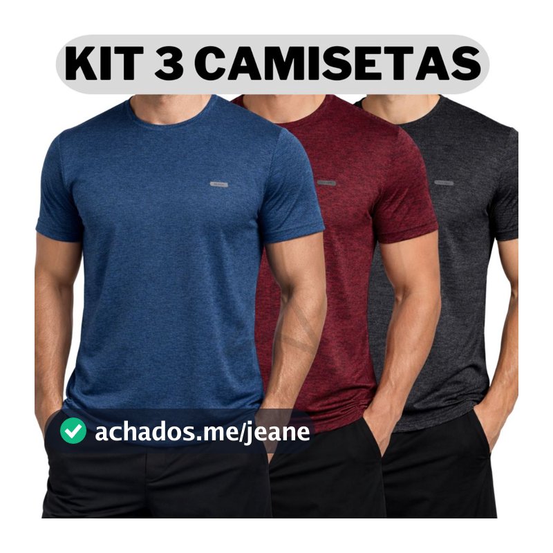3 Camisetas Masculinas Malha Fria Kit Manga Curta para Academia