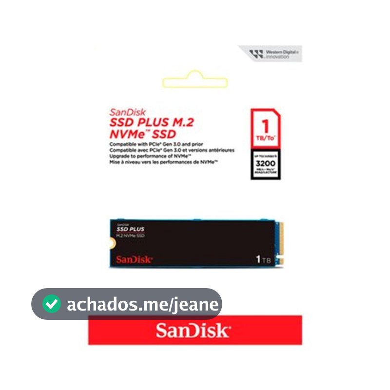 SSD SanDisk Plus, 1TB, M.2 PCle, NVMe, Leitura 3200MB/s e Gravação acima de 2500MB/s, Preto - SDSSDA3N-1T00-G26