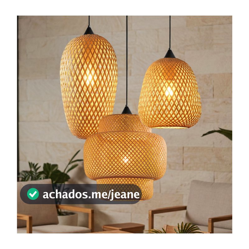 Kit 3 Luminárias Pendentes de Bambu Natural com Lâmpadas para Decoração de Casa Sala e Cozinha