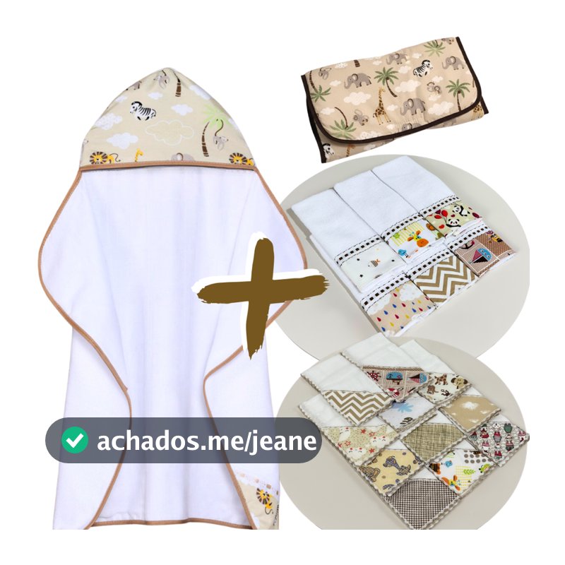 Kit  com 14 Peças 1 Toalhas de Banho Bebê Forrada +6 Fraldinha Boca +6 Toalhas+1 Trocador Portátil