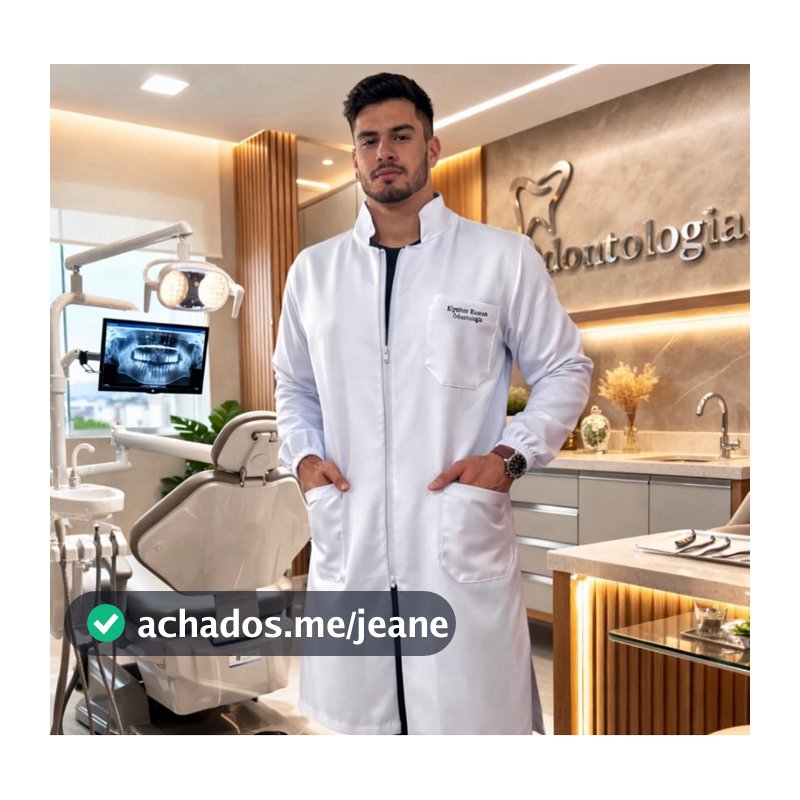 jaleco masculino simples gola padre com bordado nome e símbolo brasão do curso