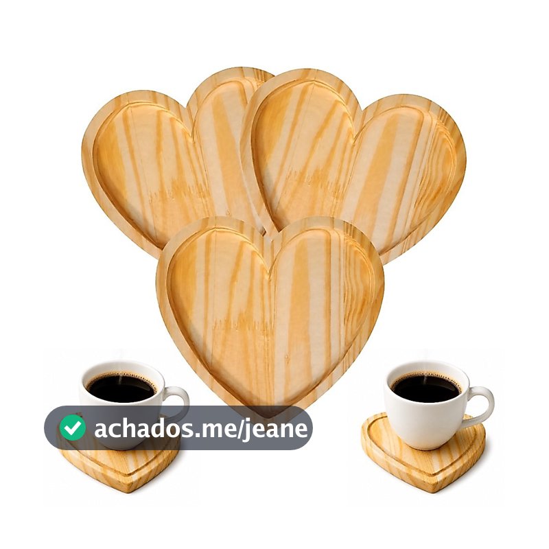 Kit Jogo de Pires Coração Em Madeira Pinus Café Mesa Posta Xícaras Dia dos Namorados