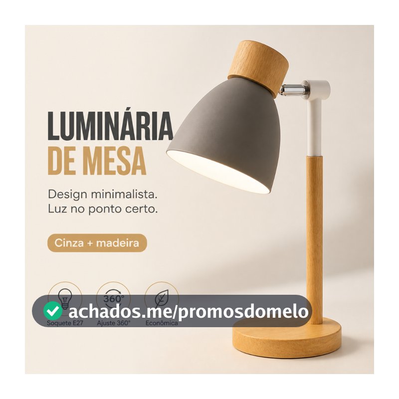 Luminária de Mesa Abajur Madeira Articulada Bivolt E27 Escritório Quarto Leitura 5 Cores Retrô