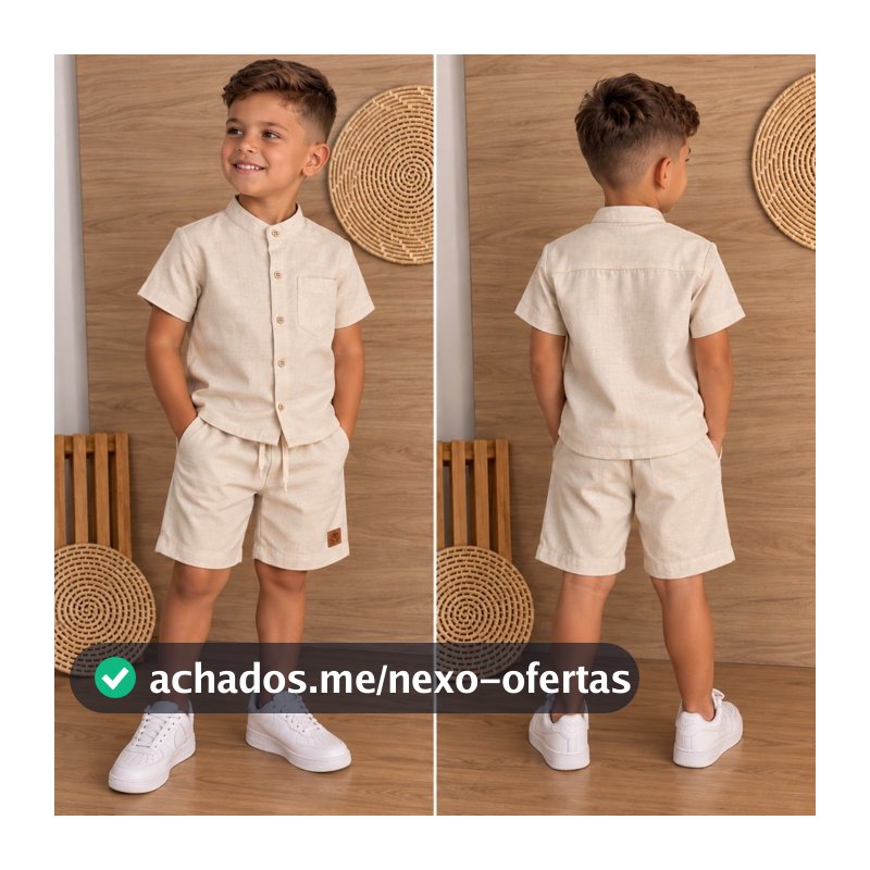 Conjunto Infantil Mauricinho Masculino Menino Camisa Social Manga Curta Bermuda Linho