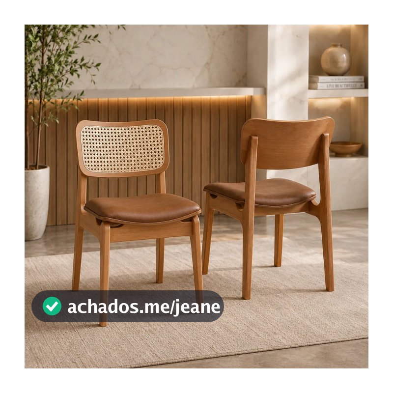 Kit com 2 cadeiras em madeira maciça sala de jantar eucalipto courino encosto rattan luxo casa