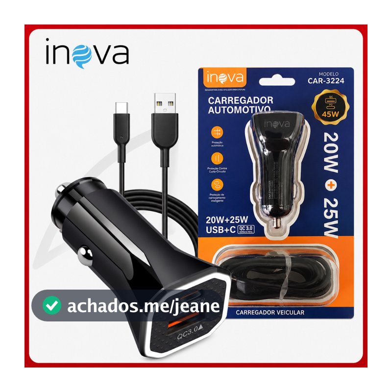 Carregador Veicular USB Com Cabo Tipo C Incluso Ultra Rápido Turbo Inova