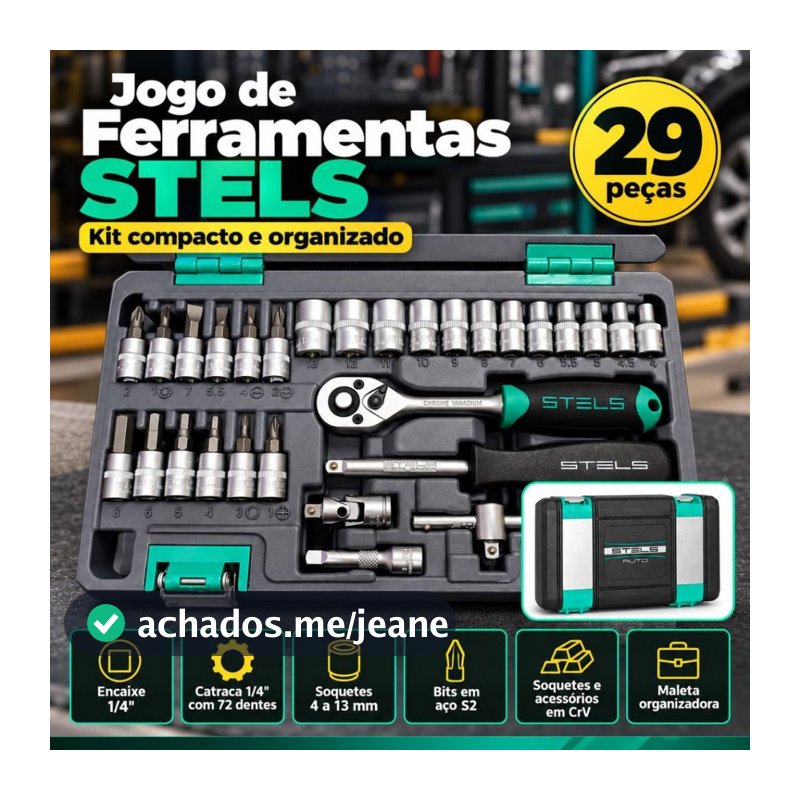 Jogo de Ferramentas STELS 29 Peças Catraca 1/4 72 Dentes