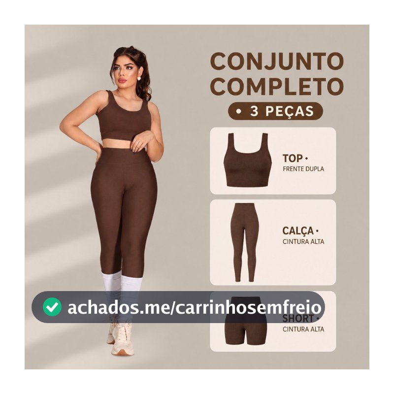 Trijunto Fitness Feminino Kit 3 Peças Calça Leg + Short + Top