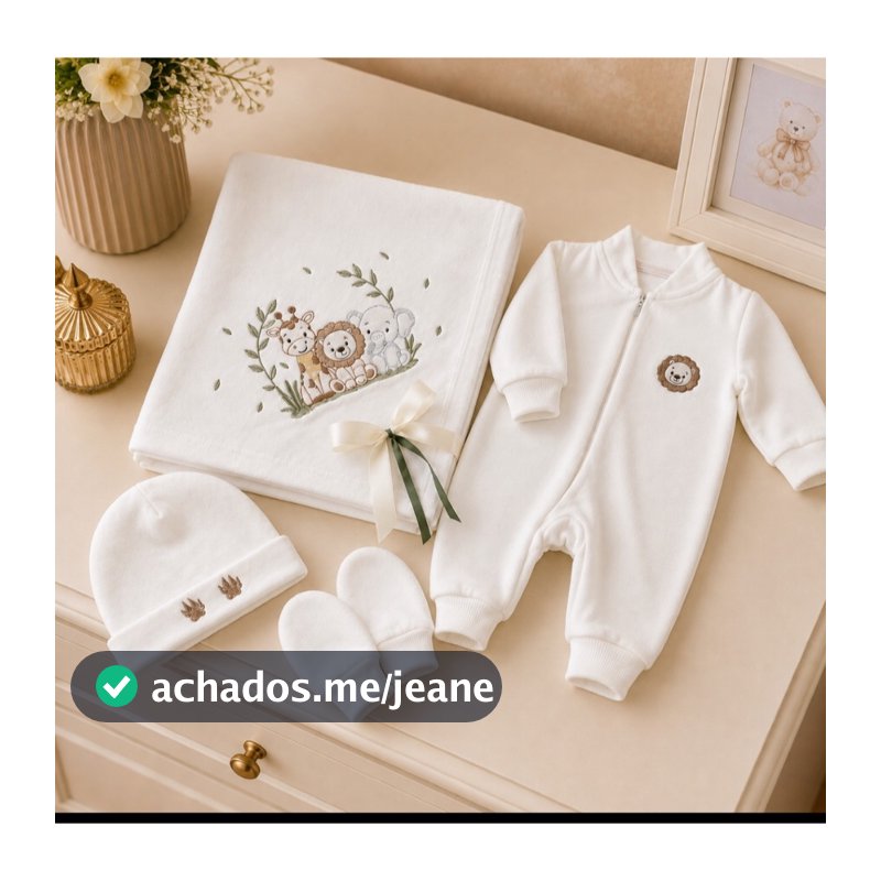 Saída Maternidade Bebê Safari 4 Peças Bordada Algodão