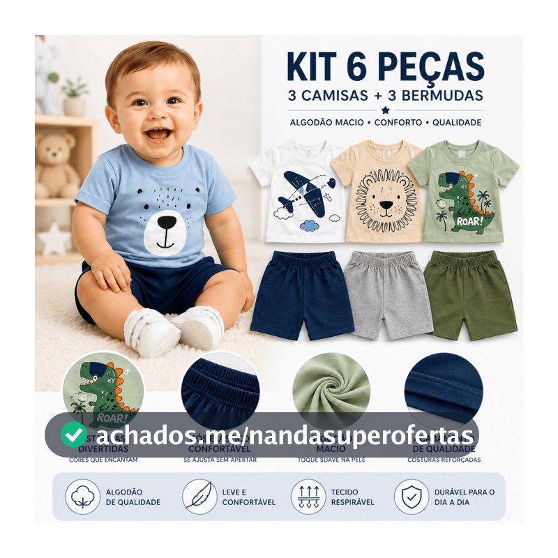 Kit 6 Peças Menino Conjunto  Bebê Infantil Estampas Divertidas Inverno 3 Camisas 3 Bermudas Algodão