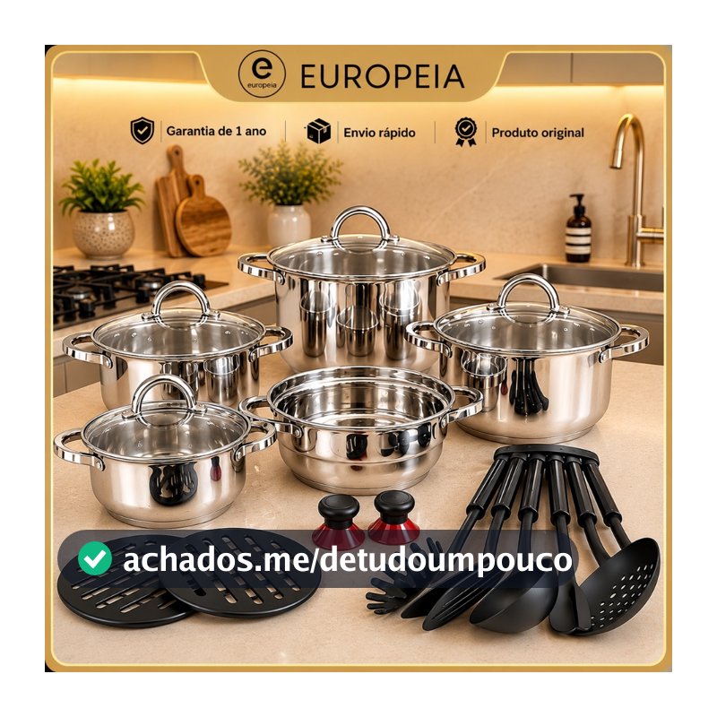 Jogo de Panelas Genebra Kit 19 Peças de Aço inoxidável fundo Triplo + Acessórios