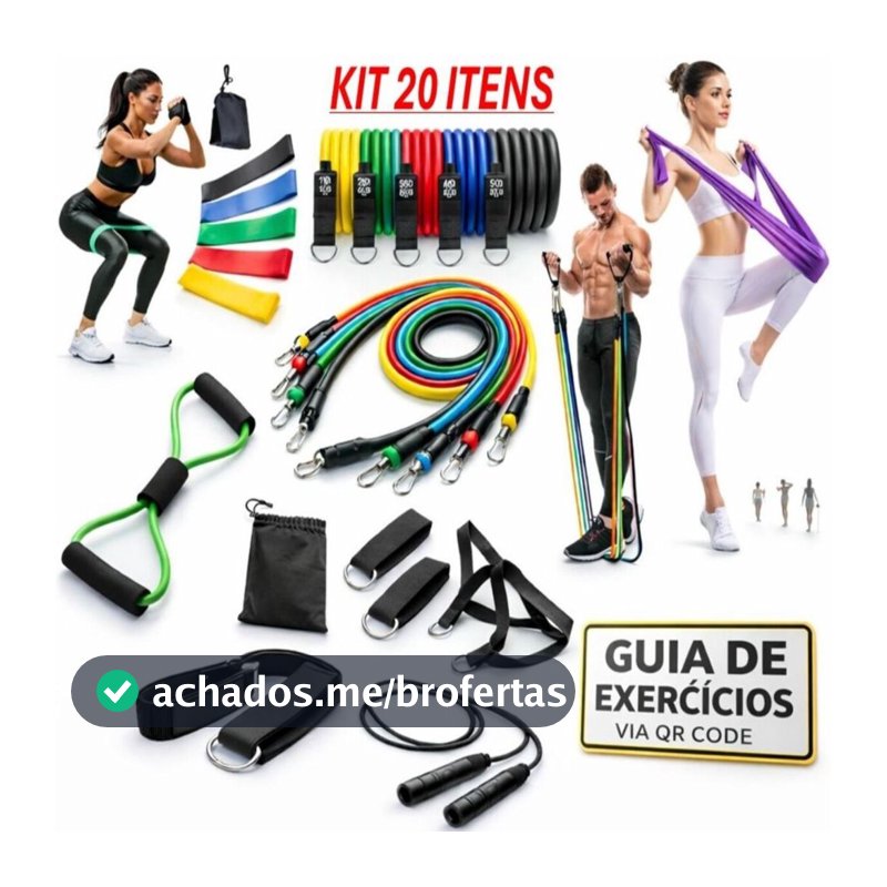 Kit 20 Itens Treino em Casa: Elásticos Extensor + Mini Band + Thera Band + Corda De Pular + Guia de Exercícios Exclusivo