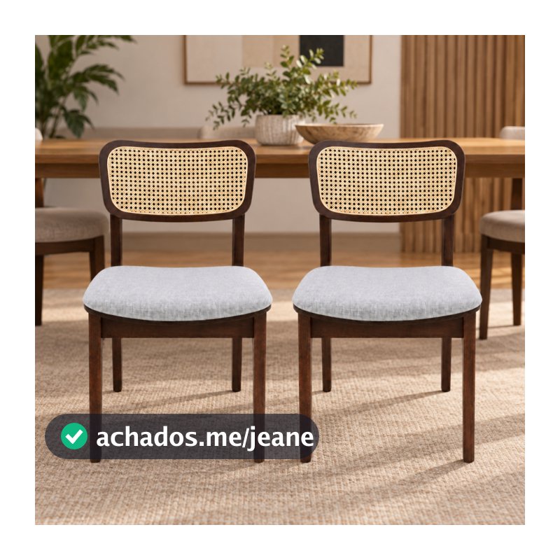 Kit 2 Cadeiras Para Sala Jantar Madeira Maciça Tecido Linho Bege Claro Estofado Encosto Rattan