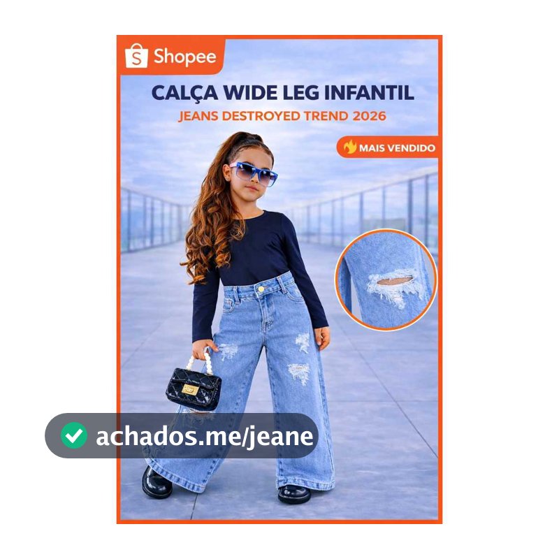 Calça Wide Leg Infantil Jeans Destroyed Menina Estilosa Moda Blogueirinha 2026 Tam 2 ao 8