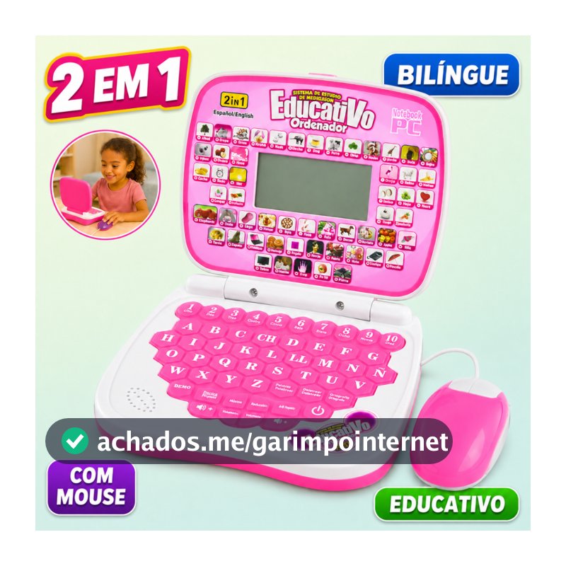 Laptop Infantil Bilíngue com Mouse Brinquedo Educativo 3 Anos Menina Rosa Mini