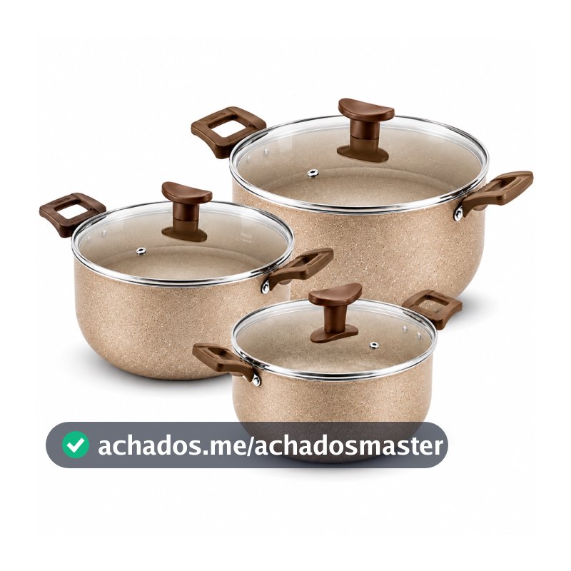 Kit com 3 Caçarolas Antiaderentes  Varias Cores – Inclui Panela Grande  com Tampas de Vidro Temperado+brinde Talher