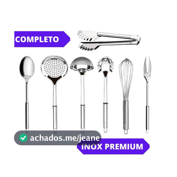 Kit Utensílios de Cozinha 7 Peças Aço Inox Concha Escumadeira Pegador Massa Colher Garfo Fuet e Pegador