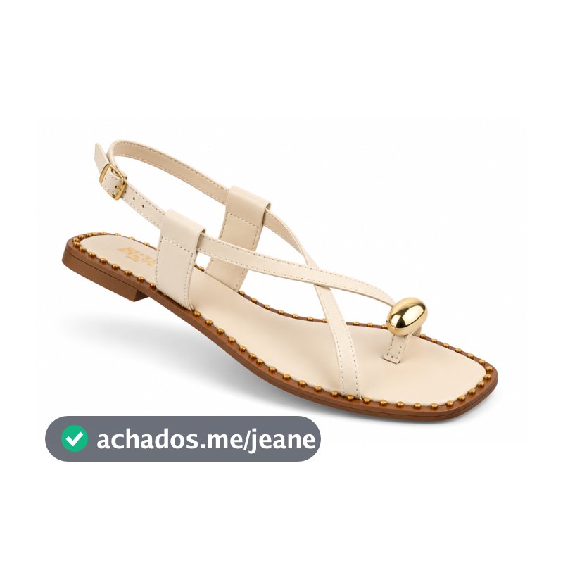 Sandália Feminina Rasteira Flat Bico Quadrado Elegante Tira Dedo com Enfeite Metalizado Confortável