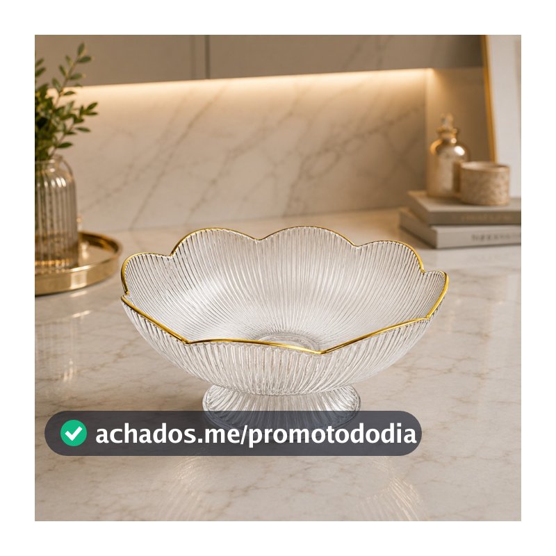 Fruteira Centro De Mesa Transparente Com Borda Dourada Luxo