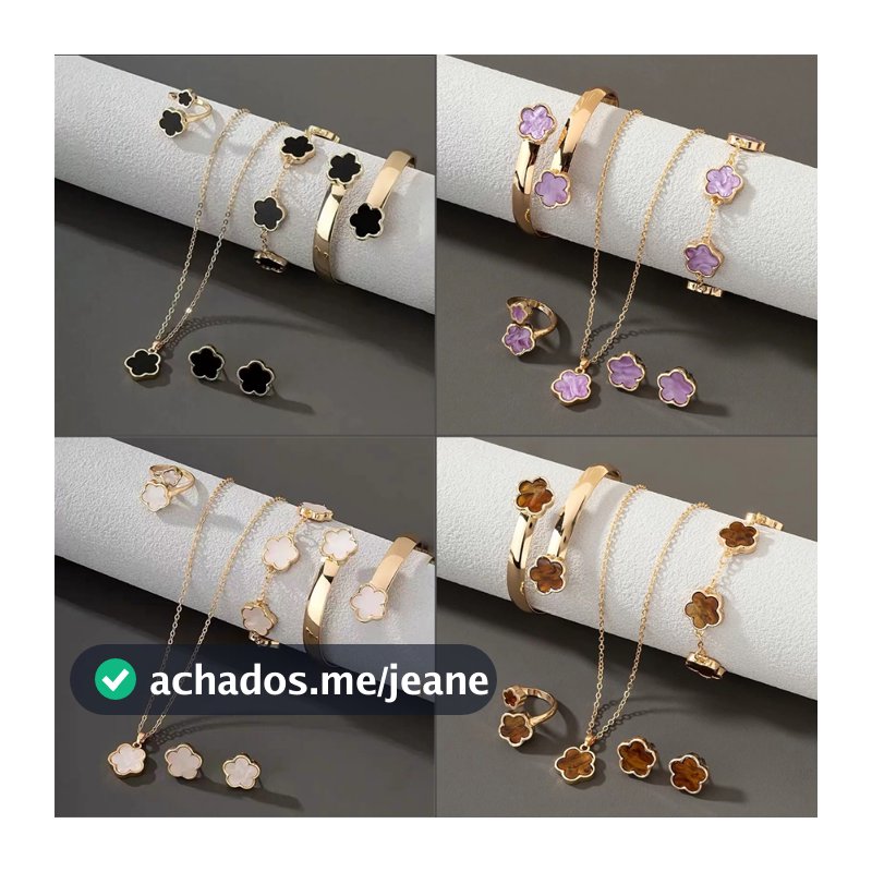 Conjunto de joias requintado KIT5, composto por colar, pulseira, bracelete, brincos e anel.