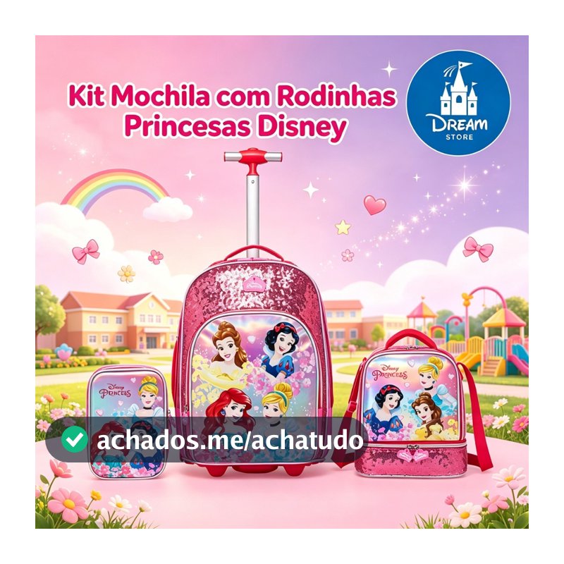 Kit Mochila de Rodinhas Princesas Escolar Infantil Menina Disney