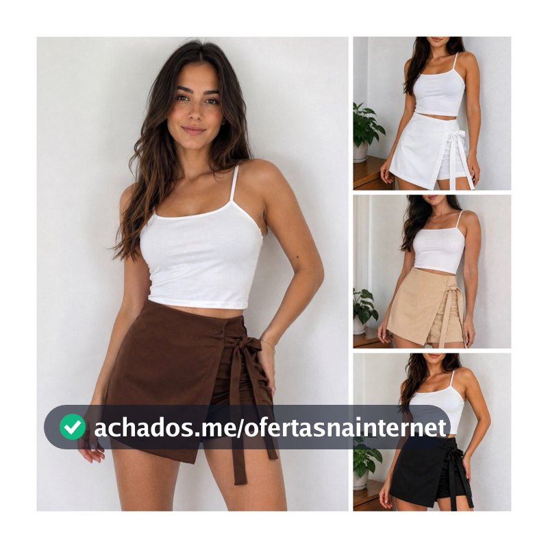 Short Saia Alfaiataria Feminino com Zíper e Laço Cintura Alta