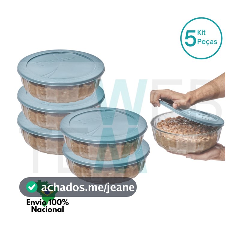 Kit 5 Potes de Vidro 1,5L com Tampa Plástica Oceani Vitazza Tigela Saladeira Bowl Mantimentos