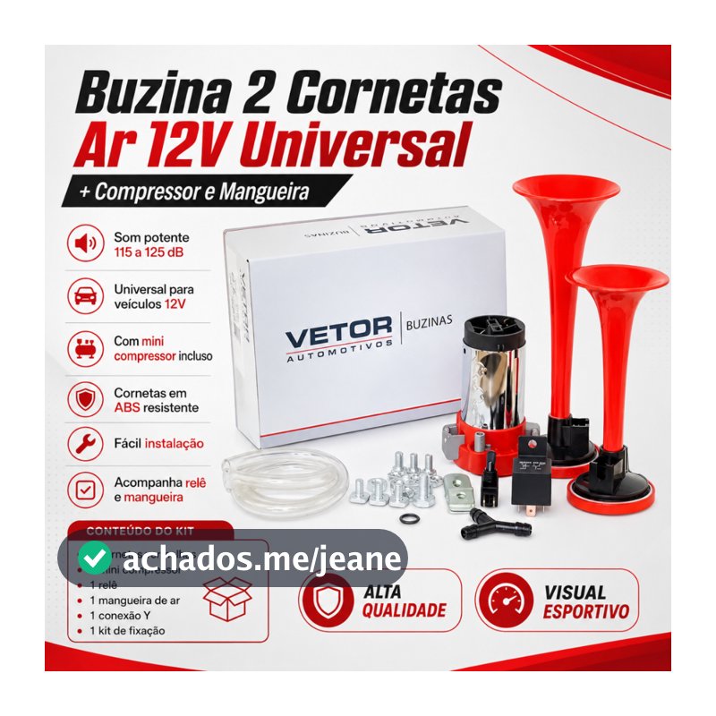 Buzina 2 Cornetas Ar 12v Universal + Compressor E Mangueira Carros Motos Caminhões Lanchas VT042