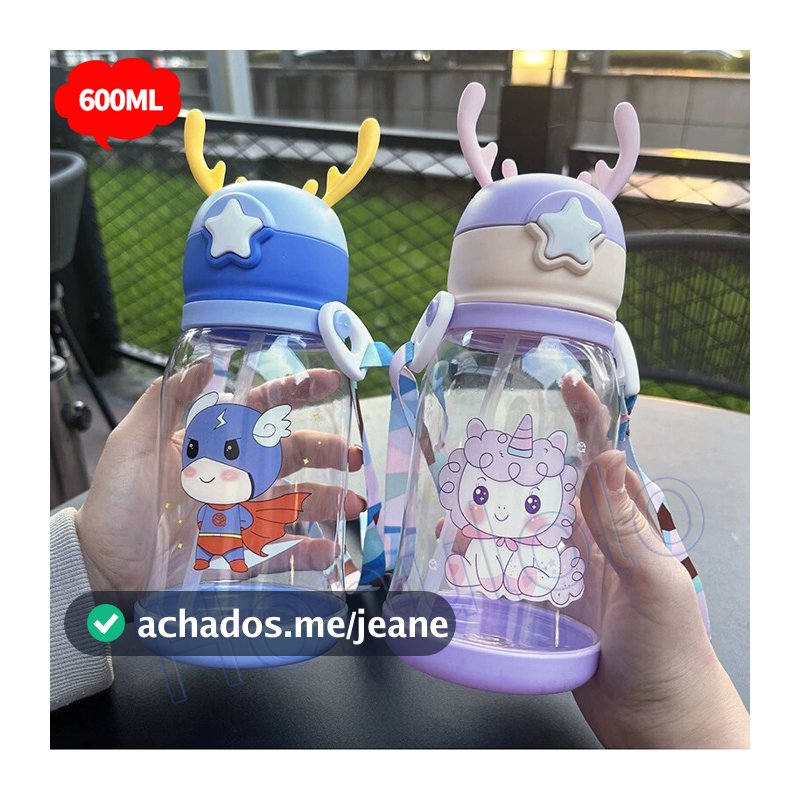 Garrafa De Alce Água Infantil Criança Portátil Com Canudo Desenho Fantasia Para Meninas ou Meninos 600ml