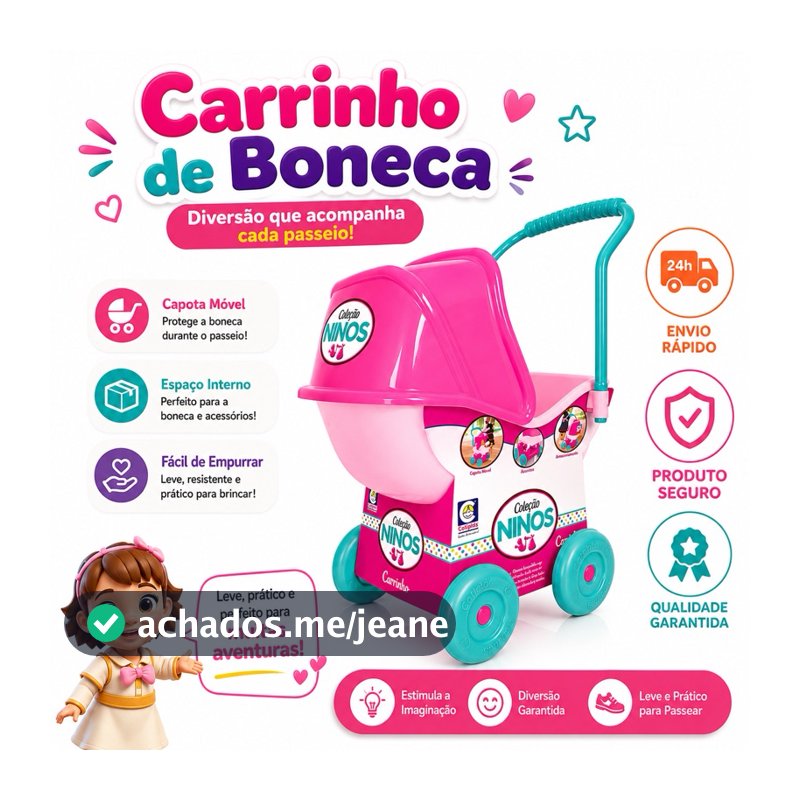 Carrinho de Boneca Rosa Passeio Infantil Leve e Resistente Menina