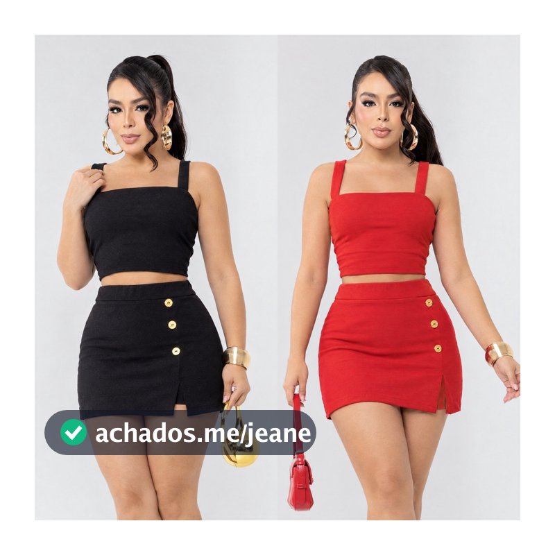 Conjunto Feminino Cropped e Short Saia do Slim ao Plus Size P ao GG com Botões | Crepe Liverpool Premium Liso
