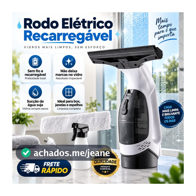 Rodo Limpador de Vidro Elétrico Sem Fio Recarregável USB 2200mAh 4 em 1 para Janelas Box Espelhos