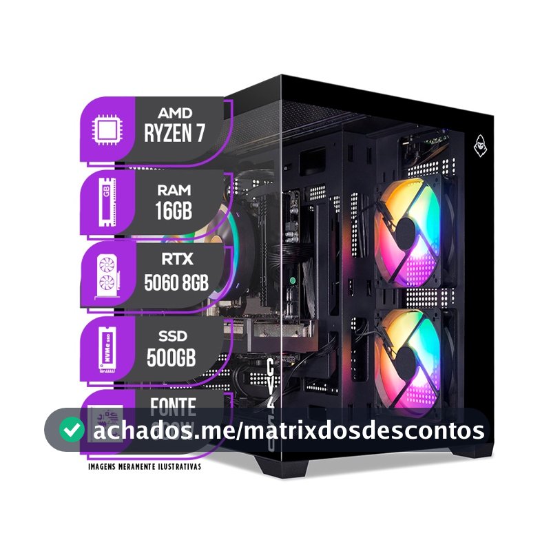 PC Gamer Mancer, AMD RYZEN 7 5700X, Water Cooler, RTX 5060 8GB, 16GB DDR4, SSD M.2 500GB, Fonte 600W 80 Plus