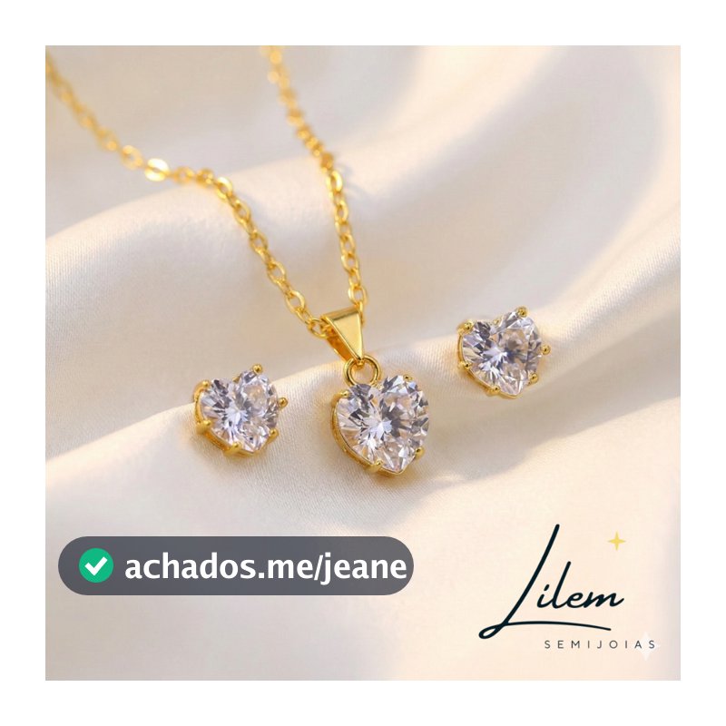 Conjunto Colar e Brinco Zircônia Cristal Coração Banhado a Ouro 18k - Lilem Semijoias