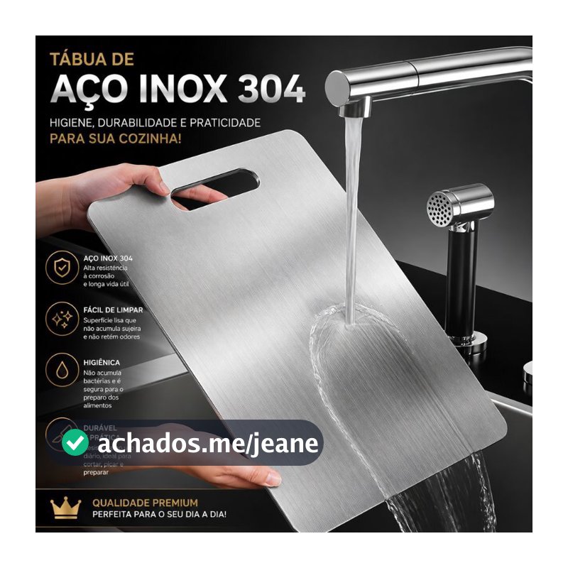 Tábua de Corte Aço Inox 304 Antibacteriana Antimofo Fácil de Limpar Cozinha P ou G Premium