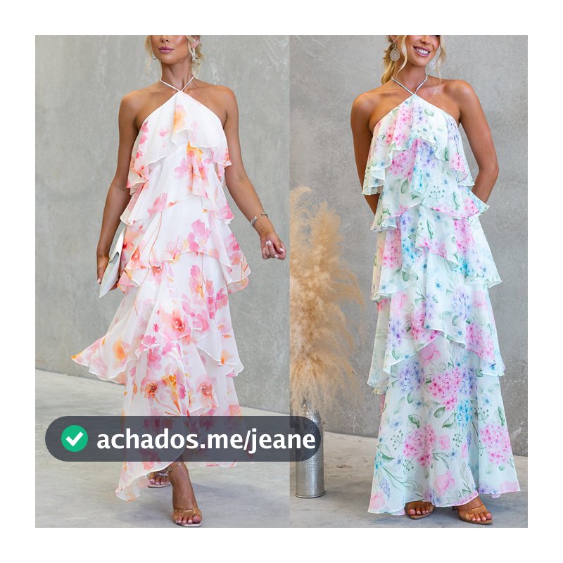 Novo estilo feminino Chiffon estampado vestido de renda multicamadas férias saia longa