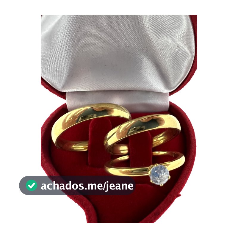 Par de Aliança Anatômica Dourada Clássica Fina 4mm de Noivado/Casamento Acompanha Caixinha de Veludo e Anel Solitário