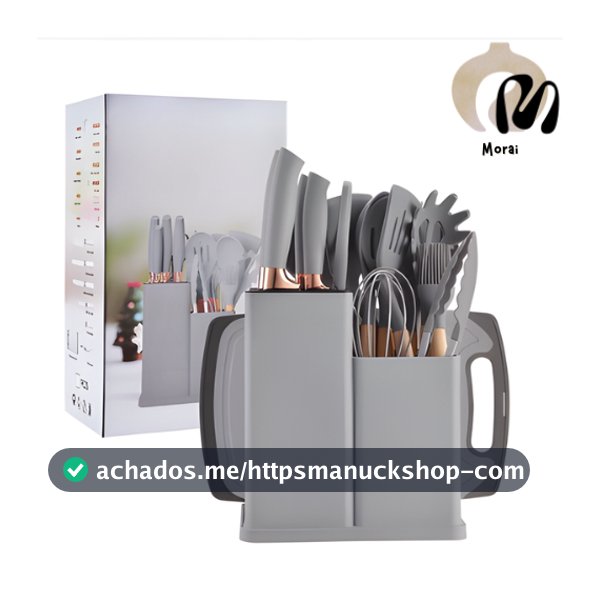 Kit Utensílios de Cozinha 12/19 Peças • Silicone com Cabo de Madeira • Completo e Resistente